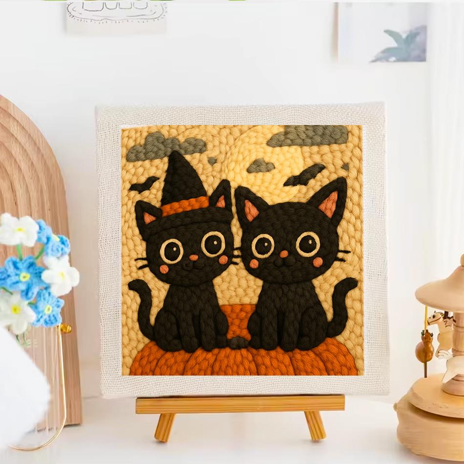 Punch Neddle Kit Black Cat Bat Embroidery Needle Kit with Frame Handcraft Sewing Set Diy Craft Gift for Halloween 25x25cm New