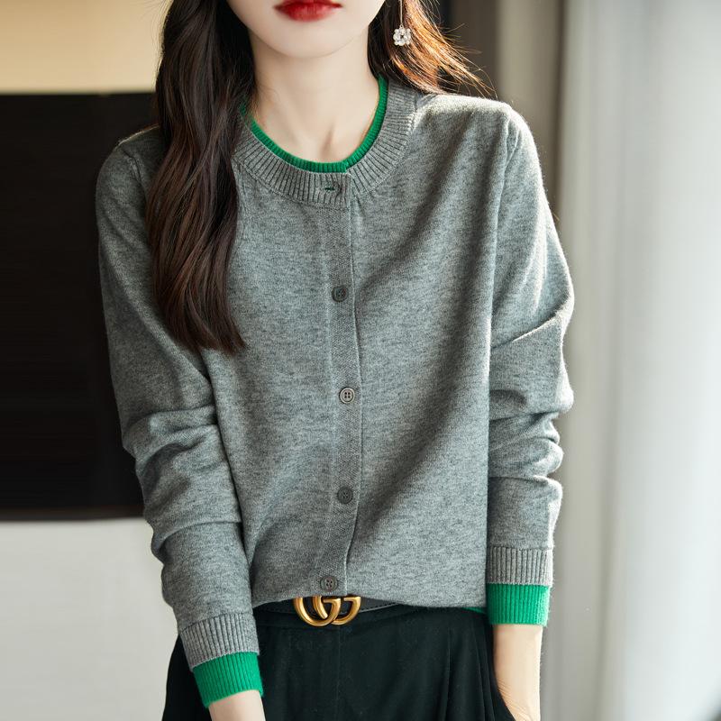 Fake two gray soft waxy knitted sweater women's spring and autumn high-end temperament casual versatile button cardigan jacket