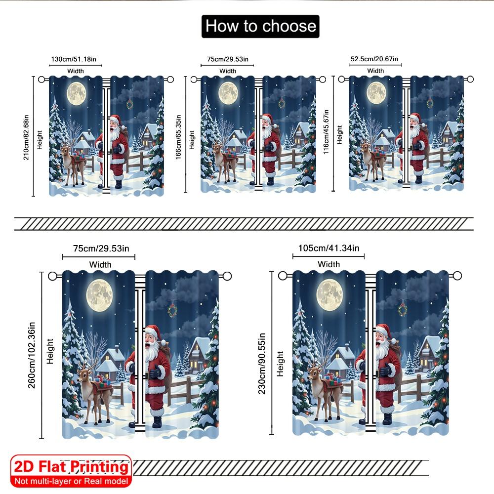 2pcs 2D Flat Printing Christmas Window Curtains Santa Claus Reindeer Snow Christmas Fabric Without Electricity Birthday Party