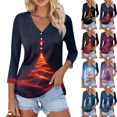Women's Casual Fashion Sexy Comfortable Christmas Print V-Neck Button Three-quarter Sleeve Top