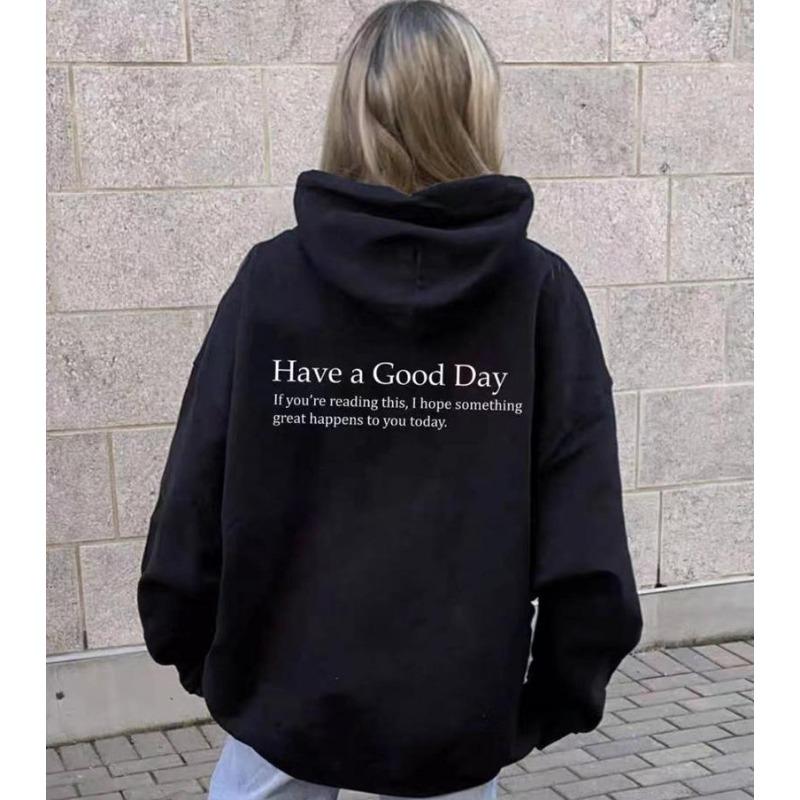 Большой весенний простой свитер с принтом «Хорошего дня» с капюшоном на спине и рукавами — фото 8