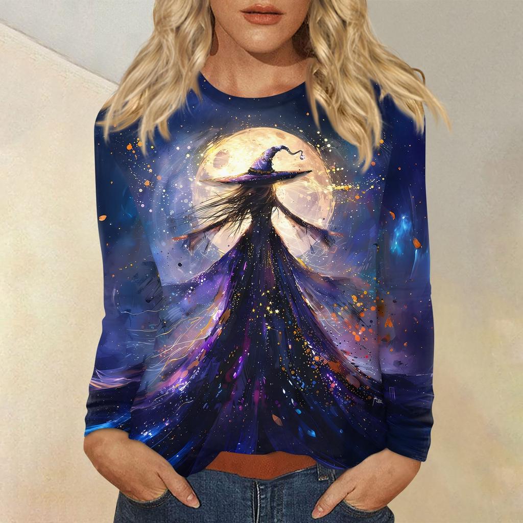 Women's Fashion Casual Halloween Printed Round Neck Long Sleeve Pullover Top