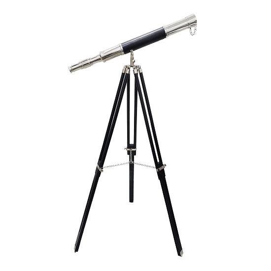 Marine Brass Telescope Single Barrel Wooden Adjustable Tripod Floor Standing Black Leather Chrome Finish Home Office Decor