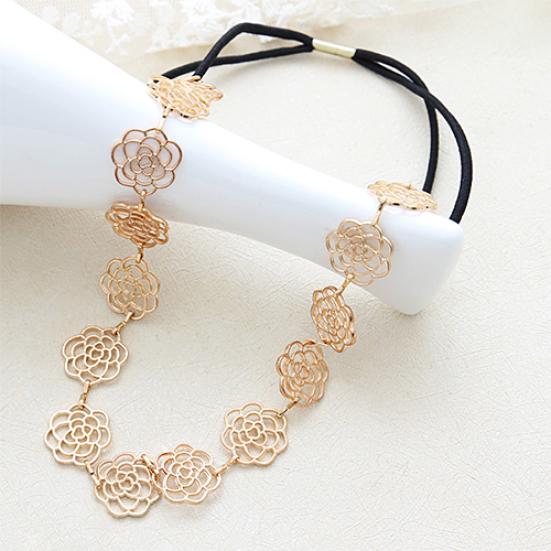 Lady Girl Fashion Sweet Metal Hollow Rose Flower Elastic Hair Band Headband