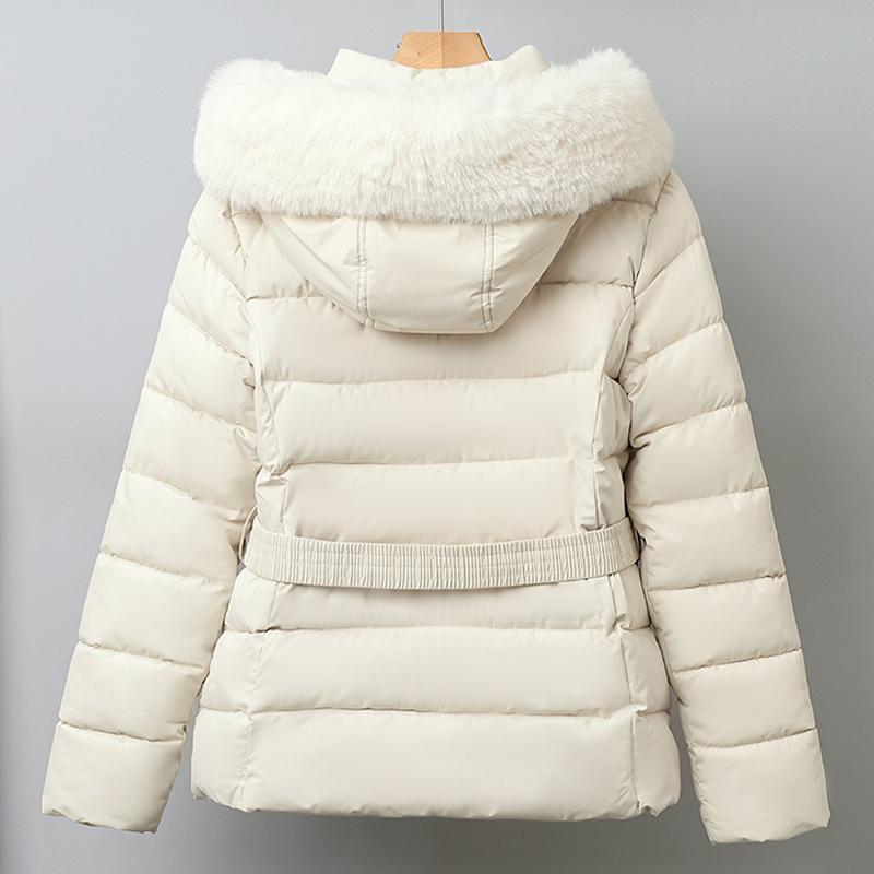 Mote Vinterkåpe Dame Parkas Hette Fuskepelskrage Tykk Varm Damejakker Med Belte