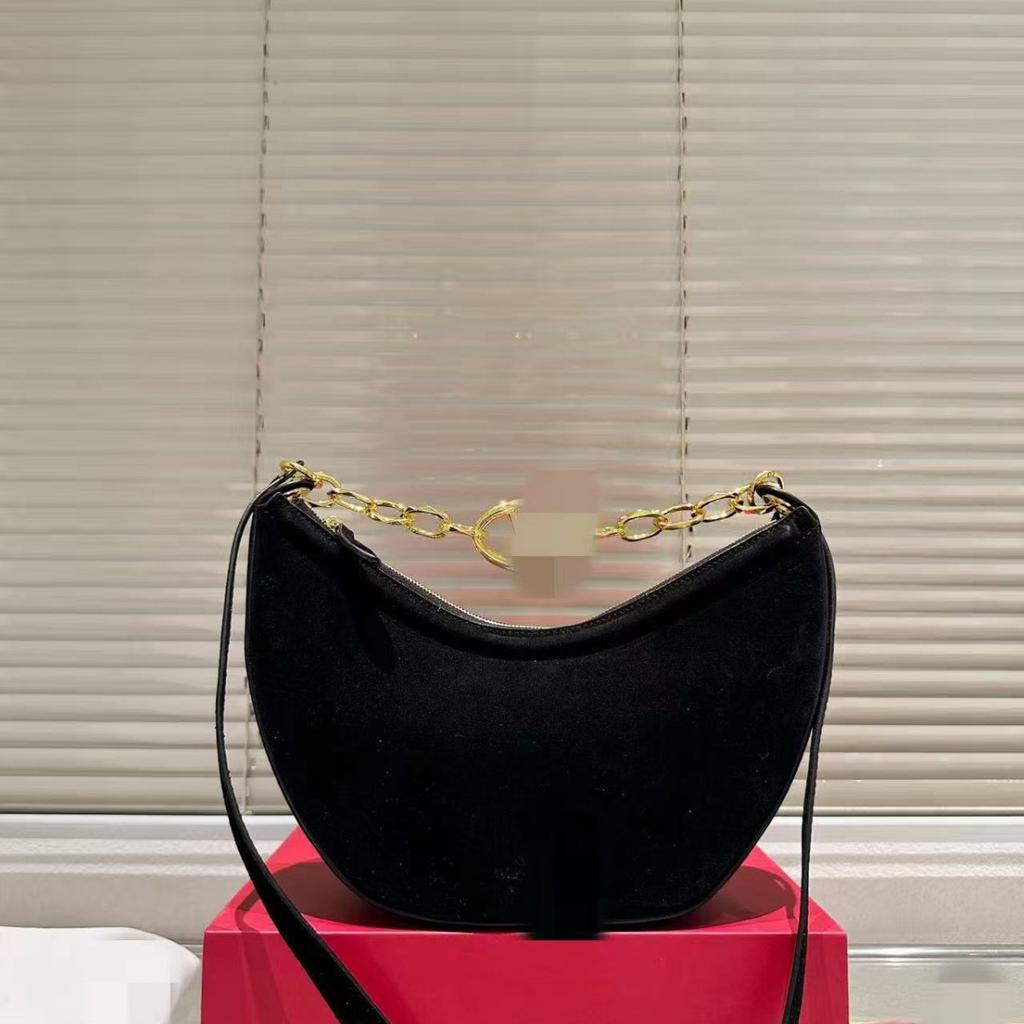 Vintage Suede Velvet Crescent Handbag Underarm Bag Hobo Lazy Style Metal Chain Fashion Saddle Bag Horn Bag for Women
