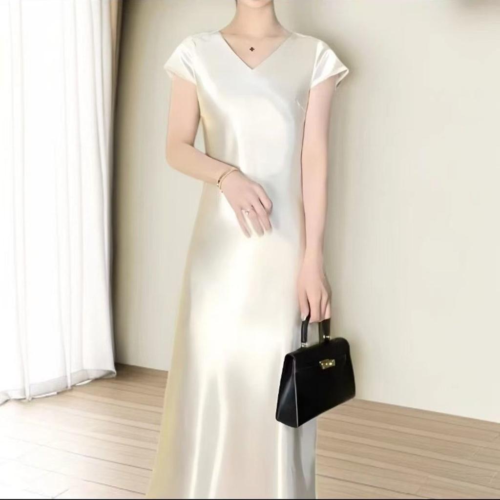 Elegant Satin Short Sleeve Mermaid Dress Slimming Summer French Style High Quality Long Dress