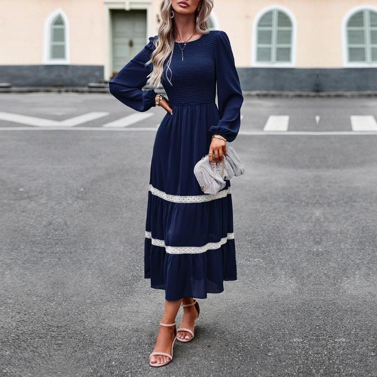 Elegante Vestido Largo para Mujer Cintura Alta Color Sólido Cuello O Manga Larga Otoño Invierno