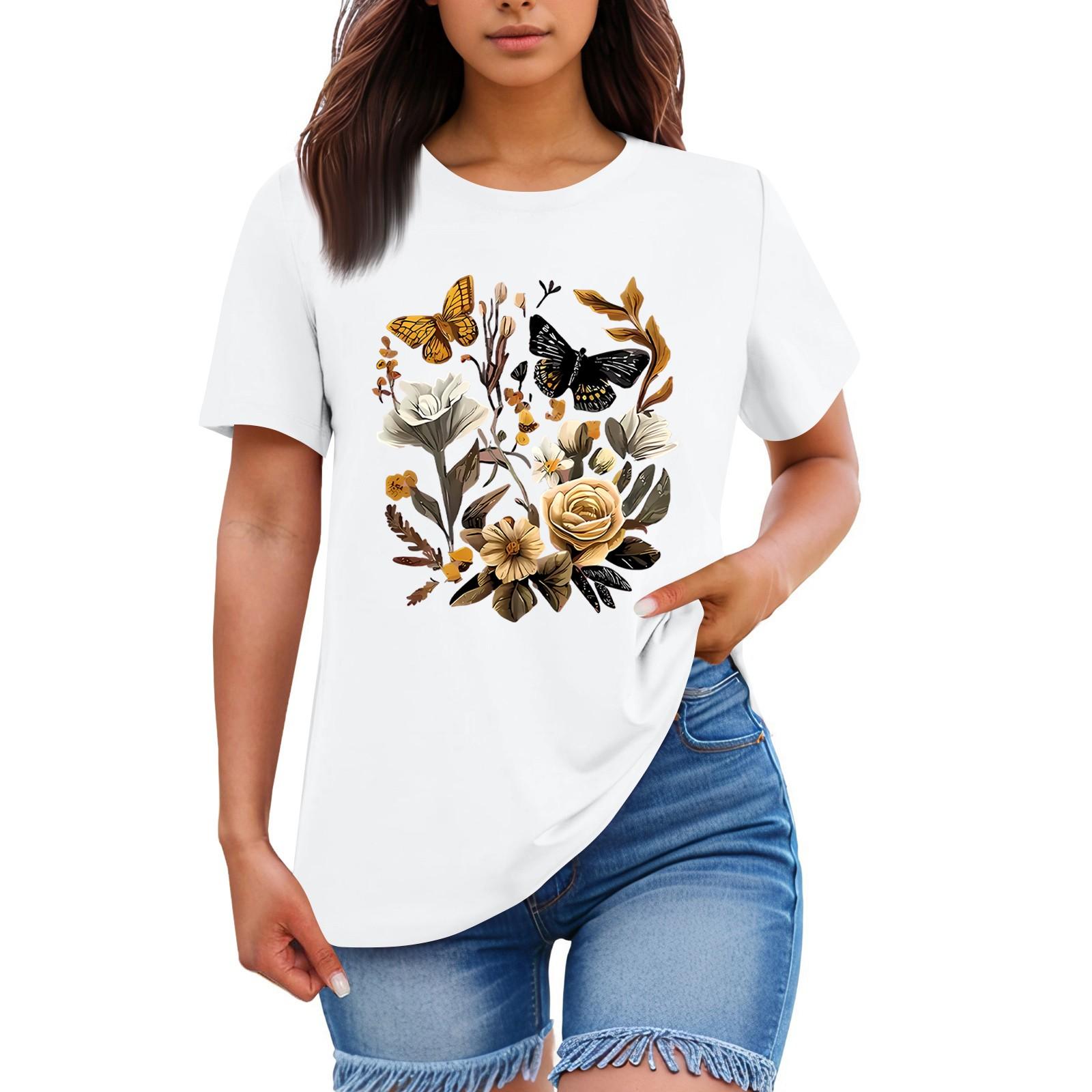 

Женская свободная удобная повседневная модная футболка с принтом растений и цветов, круглым вырезом и короткими рукавами XL белый