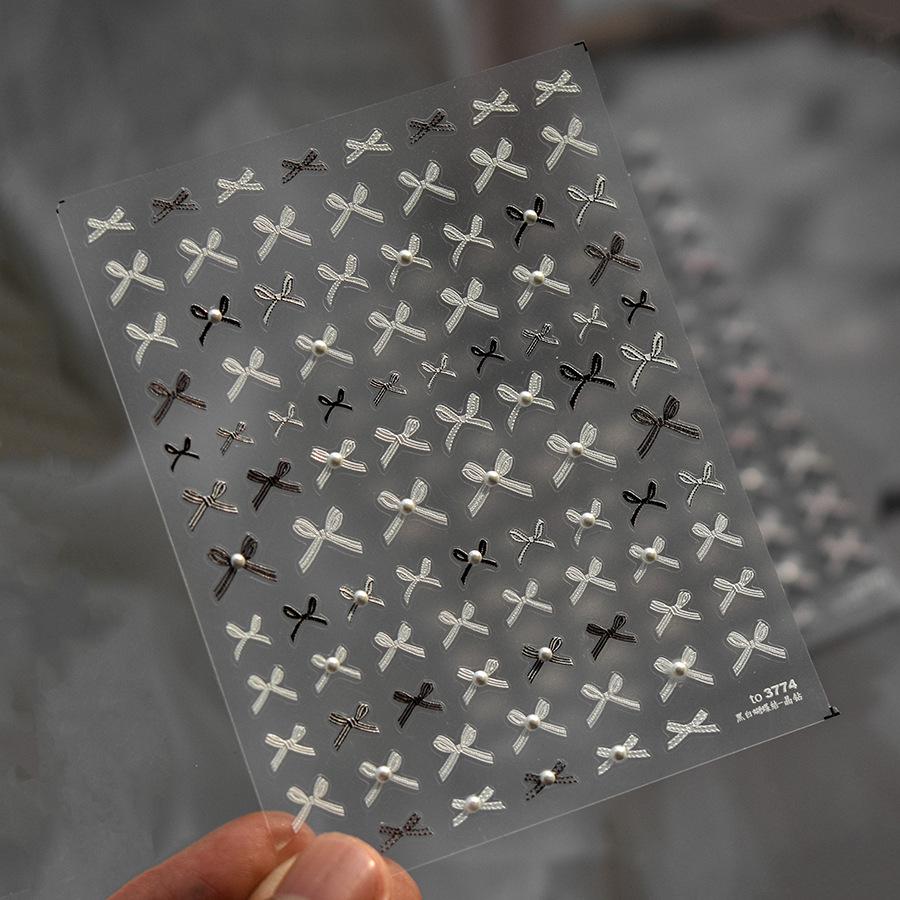 

5D Pearl Bow Crystal Nail Stickers - Embossed Organza Diamond Decals