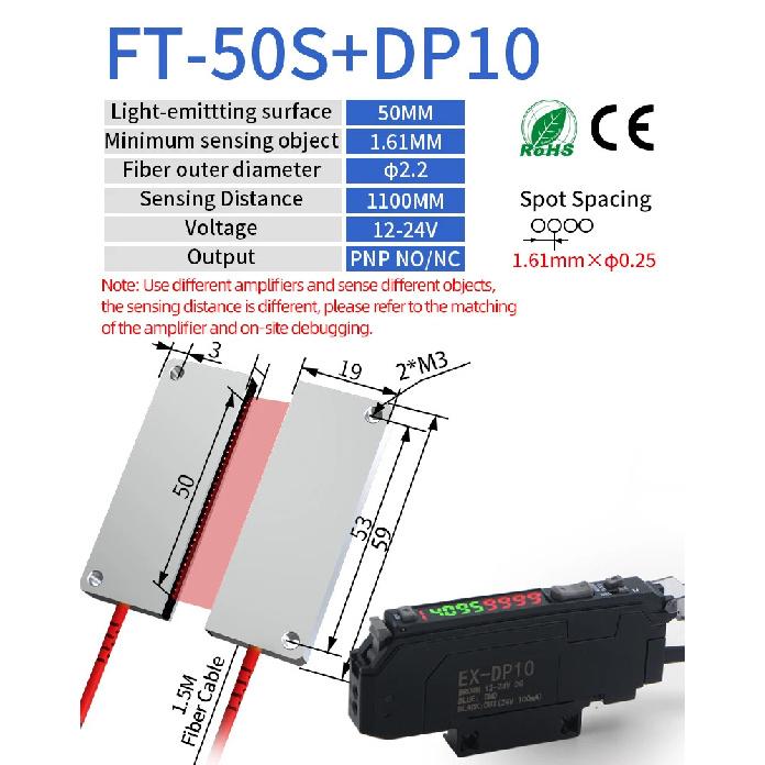 GTRIC Through-Beam Matrix Array Fiber Optic Sensor Set With Digital Display Amplifier 12-24V DC PNP Fast Response Optical Switch