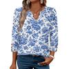 Women V Neck Blouse Loose Fit Casual Three Quarter Sleeve Top with Button Detail Lightweight Printed Shirt for Everyday Wear
