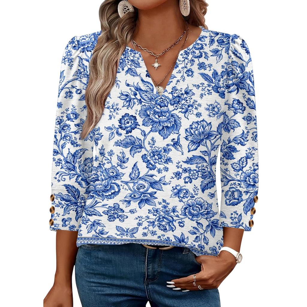 Women V Neck Blouse Loose Fit Casual Three Quarter Sleeve Top with Button Detail Lightweight Printed Shirt for Everyday Wear