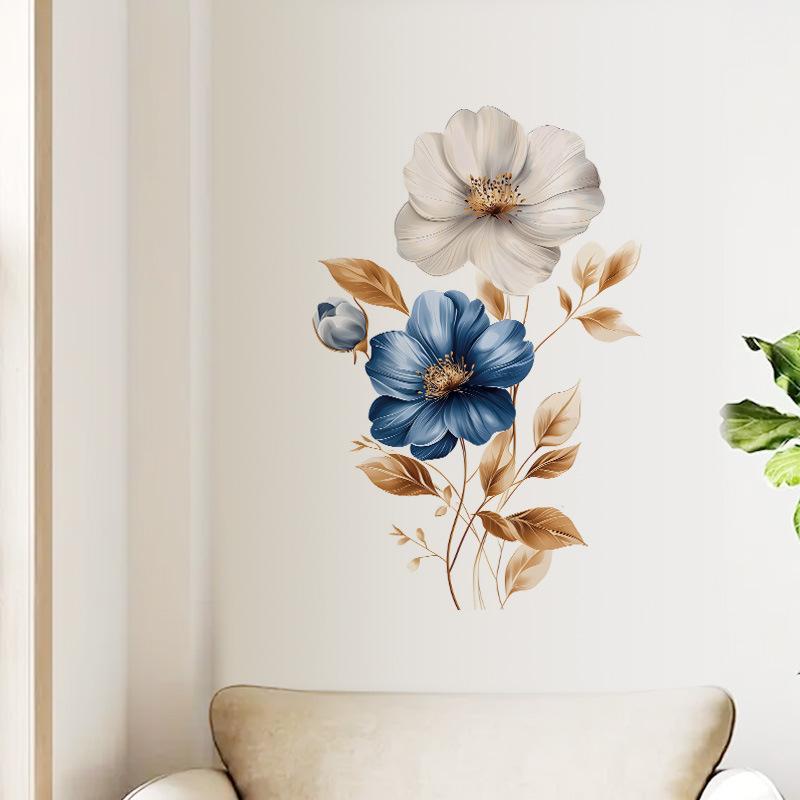 Simulated Blue White Floral Gold Leaves Wall Sticker Self-Adhesive Removable for Bedroom Hallway Elegant Home Decor Art