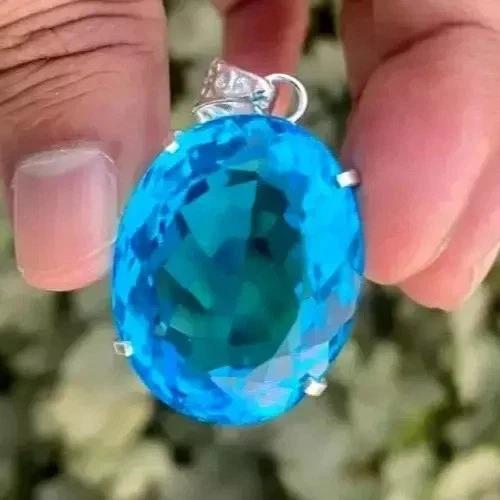 56 Ct Natural Topaz Blue Oval Cut 925 Sterling Silver Certified Gemstone Pendant