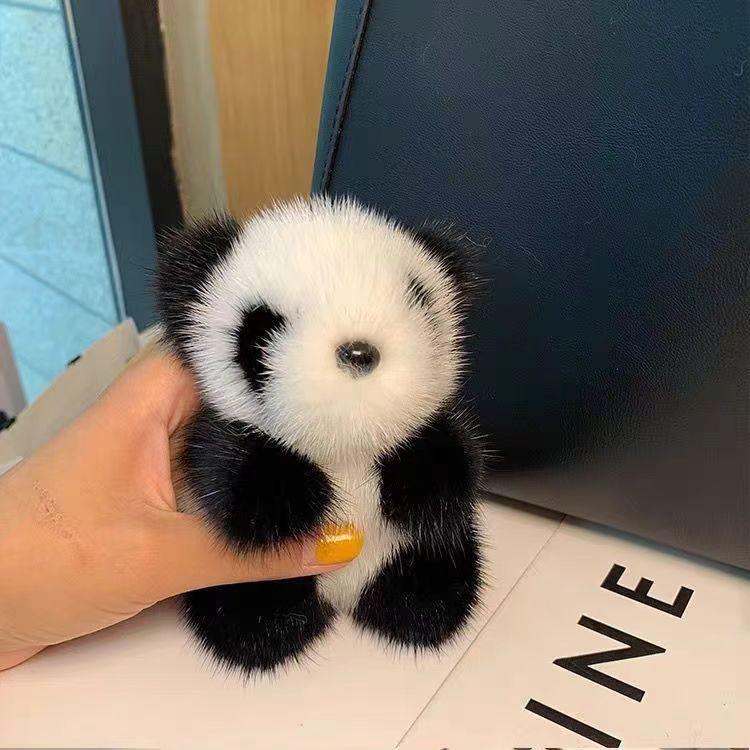 Faux Mink Fur Panda Keychain Charm - Cute Plush Pendant for Car or Bag