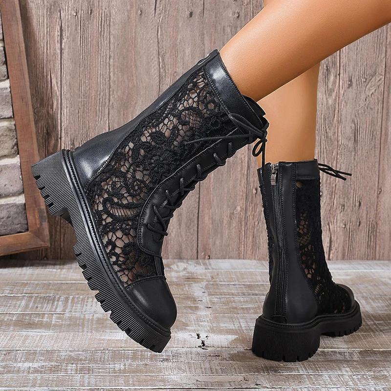 Móda 2024 Léto Vysoká Kvalita Dámské Boty Módní Kulatá Špička Jednobarevné Dírkované Prodyšné Střední Podpatek Šněrovací Krátké Dámské Boty