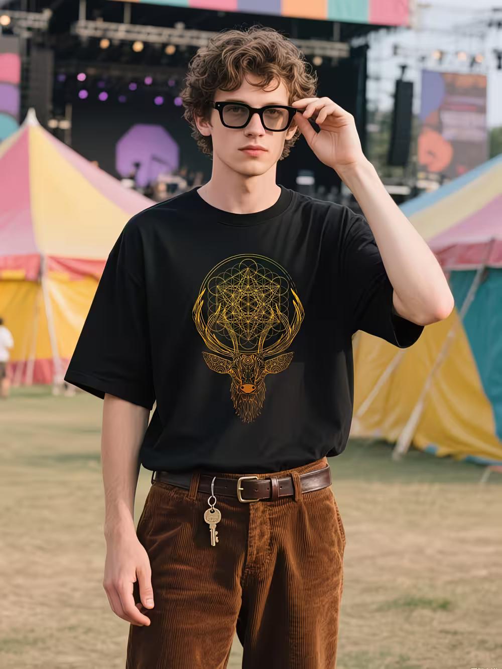 A T-Shirt Showcasing a Design of Sacred Geometry with a Deer And The Flower of Life XXXL