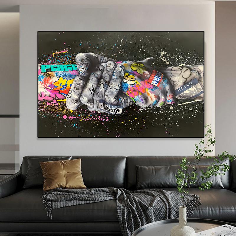 Bansky Graffiti-Kunst Hand in Hand Leinwand-Poster und Drucke Street Art Wandgemälde Heimdekoration