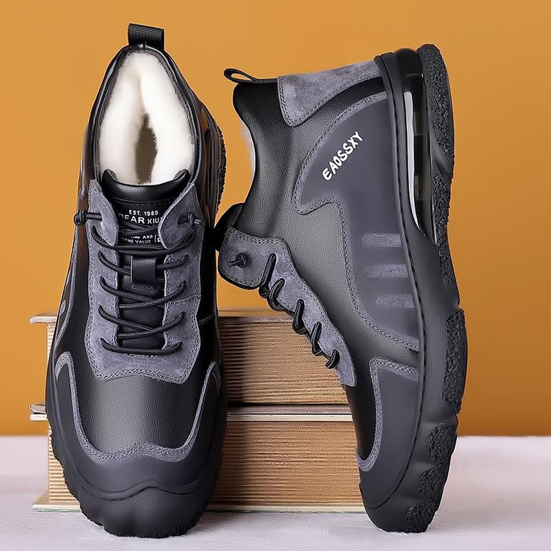 Winter Wool and Fur Integrated Men's Cotton Shoes Genuine Leather High-top Velvet Warm Fashion Casual Sports Outdoor Men's Shoes