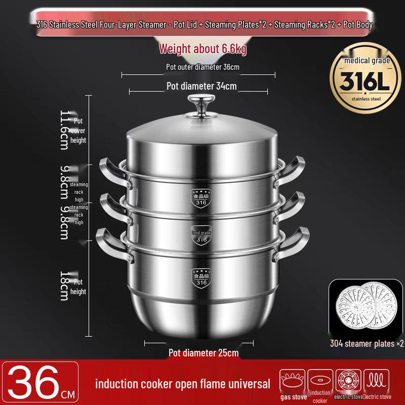 316 Stainless Steel High-Rise Steamer Pot, Extra Thick, Food-Grade, Large Capacity, Versatile 3-4 Layer Soup Pot
