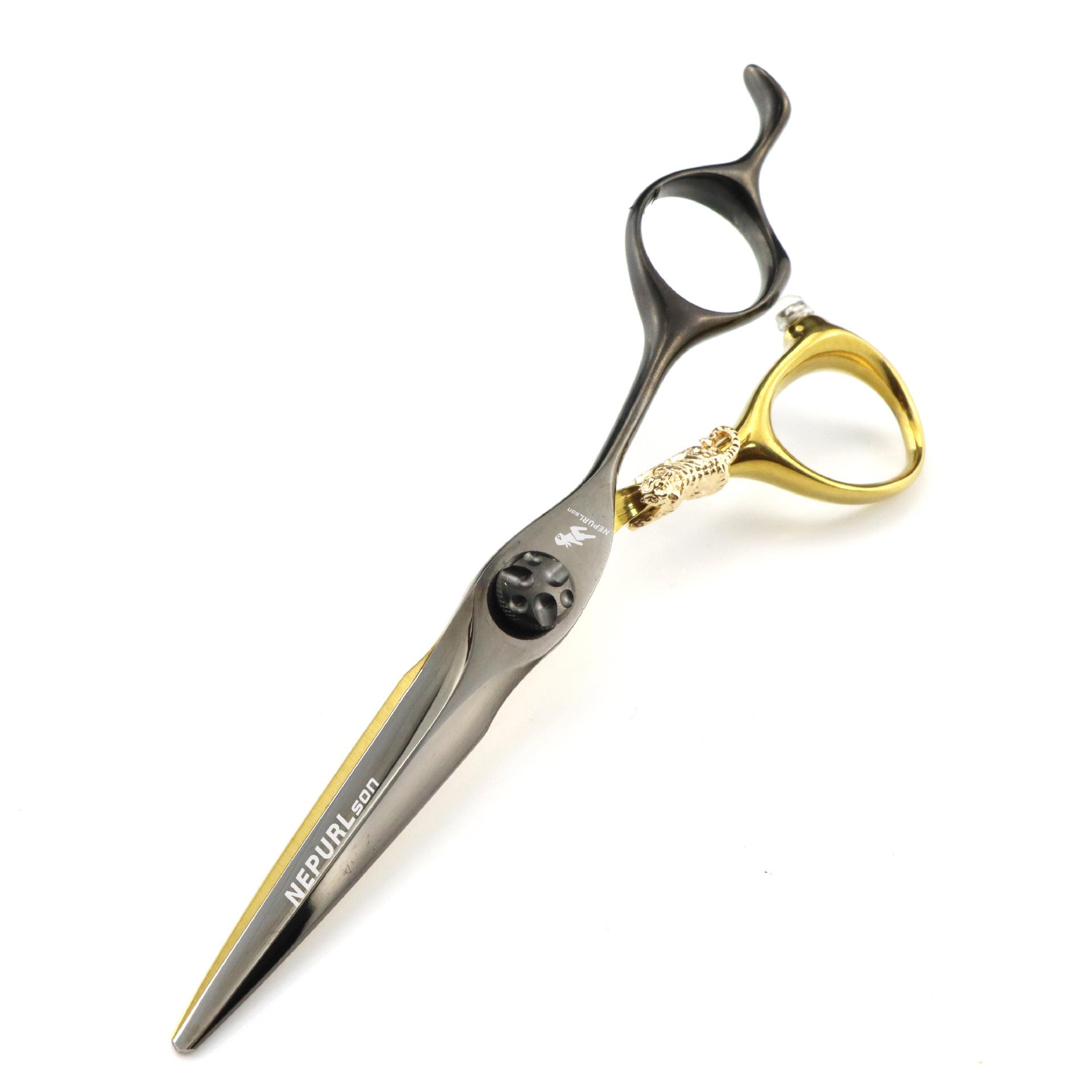 Black & Gold 6-inch Napson Steel Hairdressing Shears - Little Gold Tiger Design, Barber & Thinning Shears