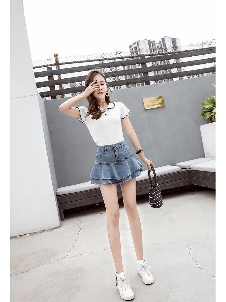 2023 Summer High-Waist Ruffled Denim Skirt Shorts for Petite Women: Sweet & Slimming