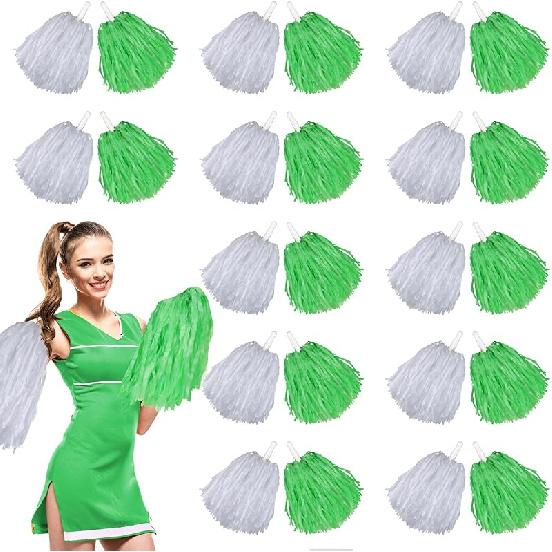 Chivao 24 Pcs Cheerleading Pompoms Plastic Pom Pom Handle Cheer Team Pompoms for Sports Dance Cheer Gameday Football Party Decorations,30 Grams Green, White