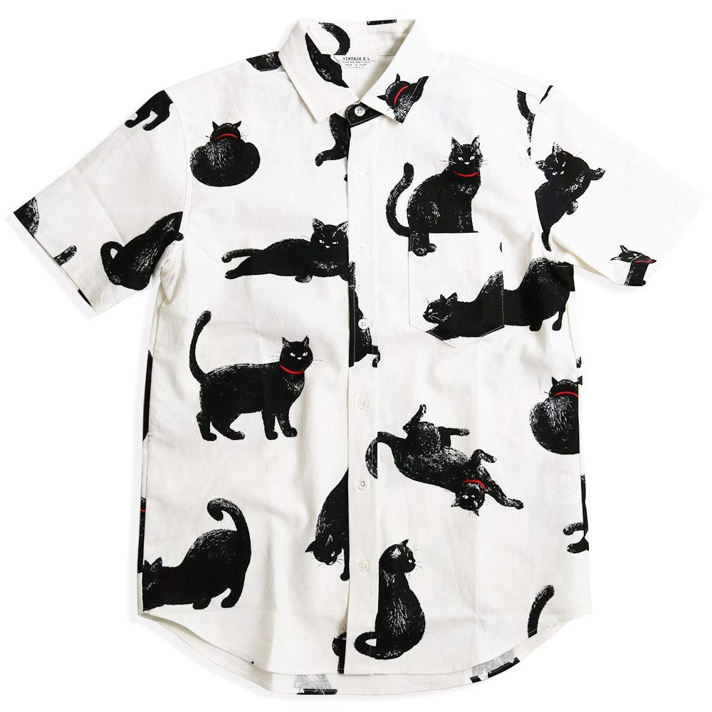 Quintet Black Cat Print Short Made in Cat Animal 10 Shirt, Men's Sleeve, Japan, Print, Print, 01-79416 (L, White)
