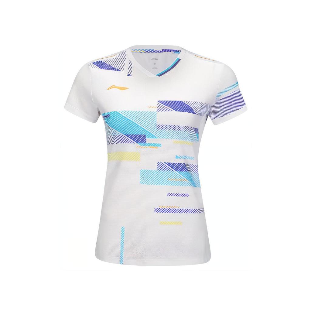 Li Ning Badminton Series Printed Quick-Dry Color Block V-Neck Short Sleeve T-Shirt Women Tops White AAYV022-2