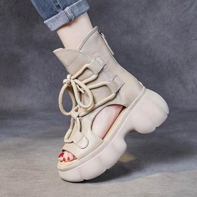 Plateau-Sandalen Damen Martin-Stiefel Sommer neue Fischmaul-High-Top-Römische Schuhe Retro vielseitige weiche Ledermuffin- und coole Stiefel