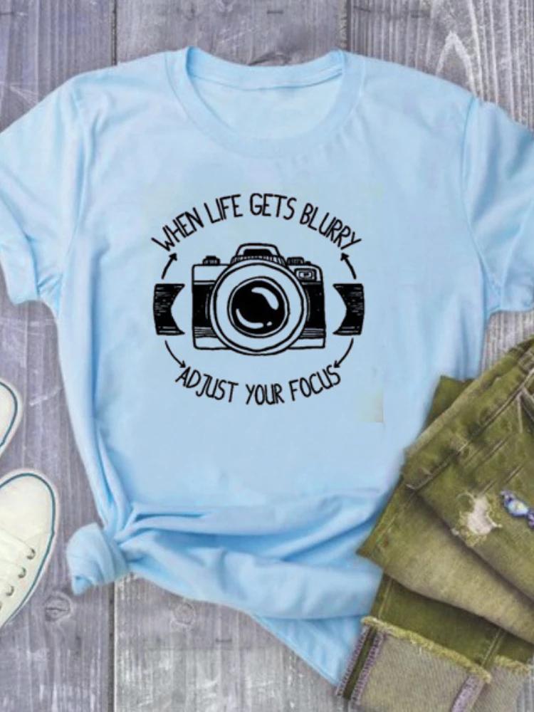 Adjust Your Focus Letter Camera Print T Shirt Women Short Sleeve O Neck Loose Women Tshirt Ladies Summer Tee Shirt Tops Clothes