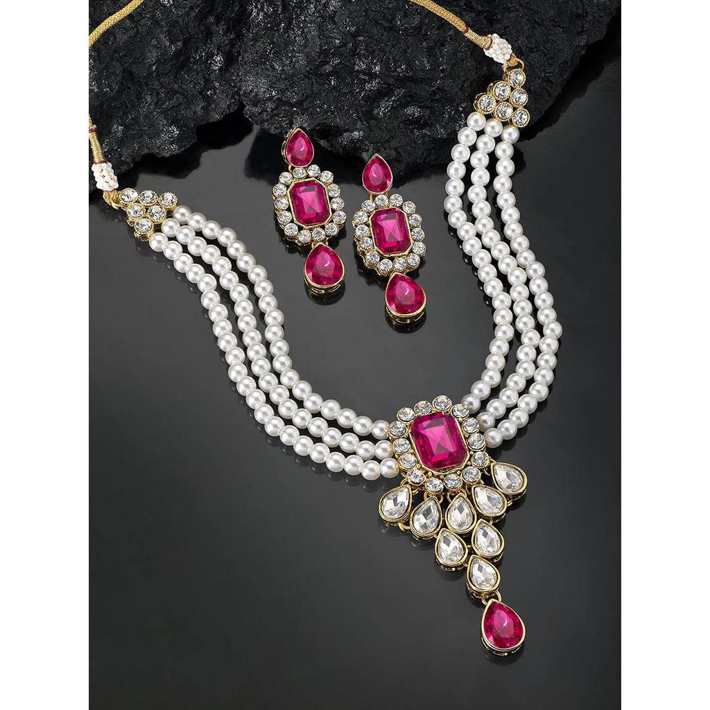 Gold Plated Crystal Kundan Necklace with Drop Earrings Jewellery Set for Girls & Women