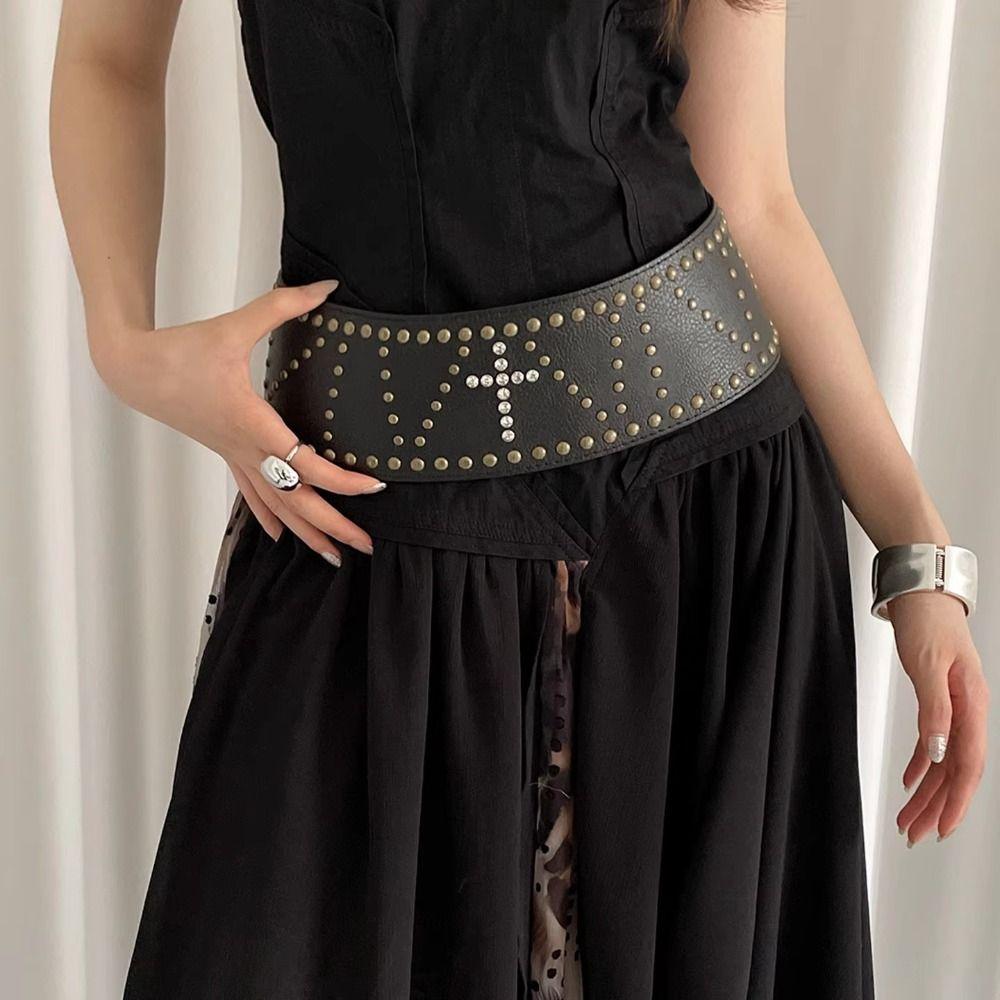 Wide Leather Waist Belt Vintage Women's Dress Belt Retro Cross Rivet Belt  Streetwear