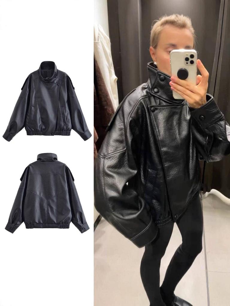 European Style Autumn/Winter Elegant Women's Lychee Pattern Leather Jacket