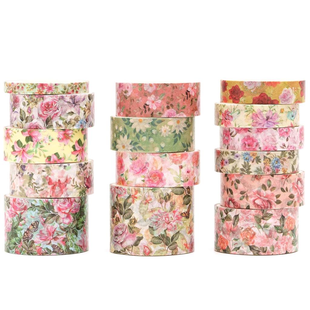 Floral Washi Tape Set - 15 Rolls Flowers Arts Adhesive Tapes Garden Blooms Decorative Stickers Masking Tape Sets for Craft A3270