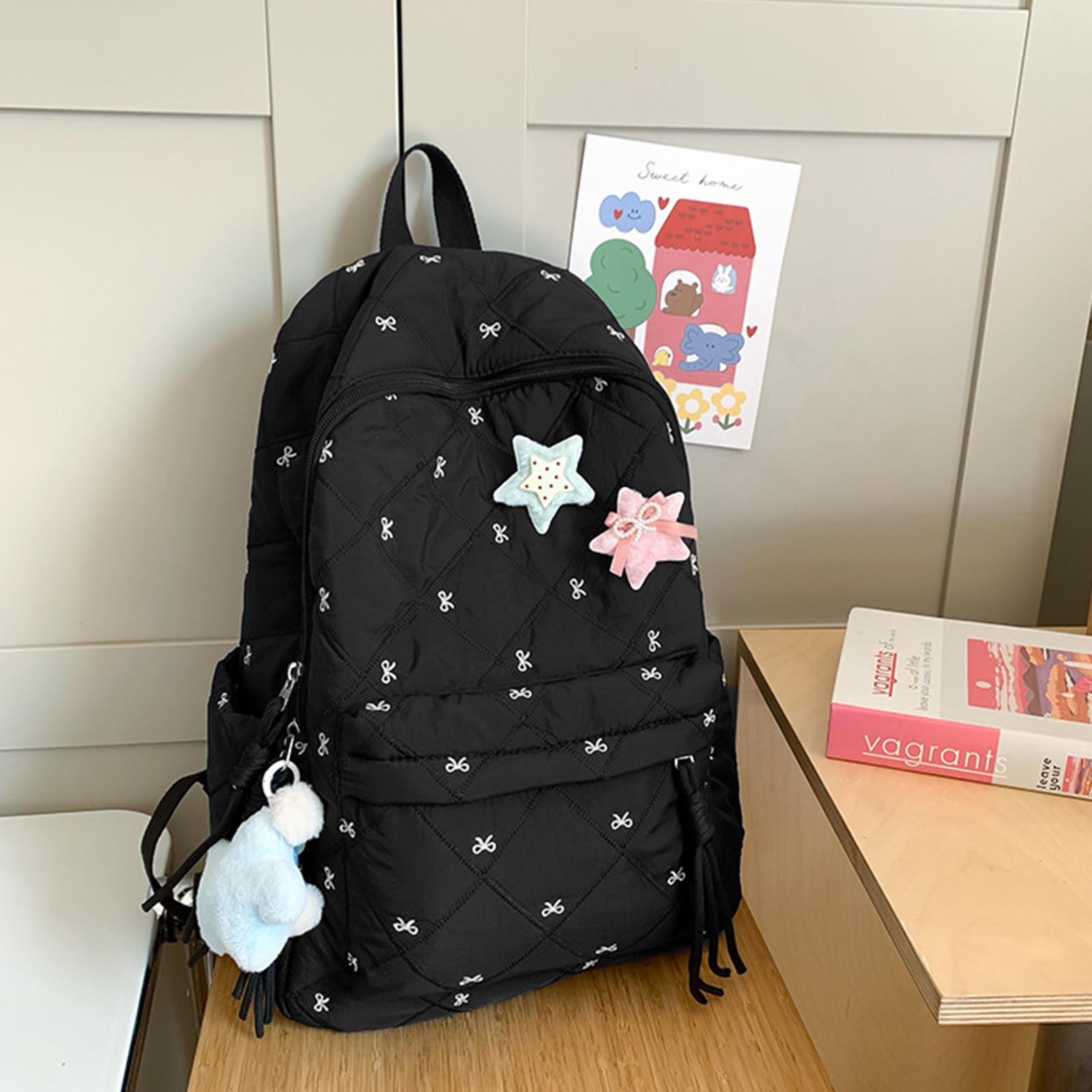 Cute Quilted Backpack Large Capacity Soft Nylon Padded Rucksack Bow Embroidery School Bag Travel Hiking Camping Backpack