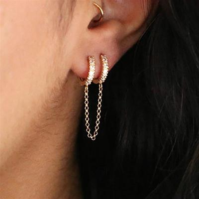 Huitan One PCS Sale Two Hole Piercing Earrings for Women Brilliant Crystal Zircon 3 Metal Color Chain Earring Party Jewelry