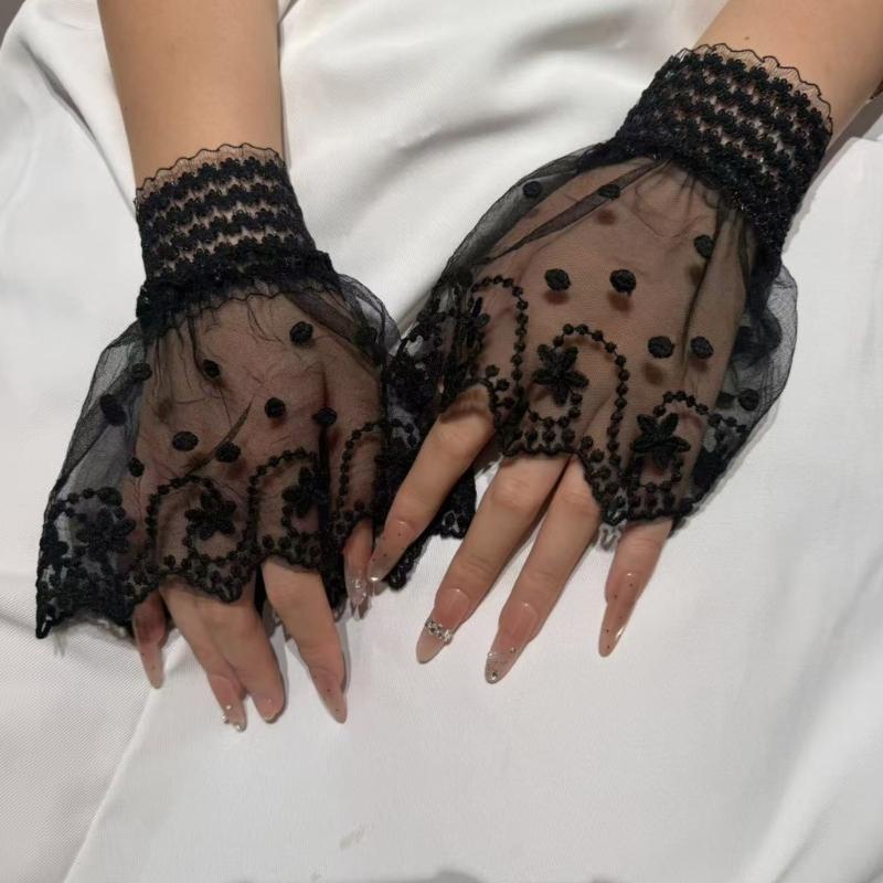 Sheer Embroidered Fingerless Wrist Cuffs Pair for Women, Lace Sleeves with Flared Cuff for Weddings and Photo Styling Use