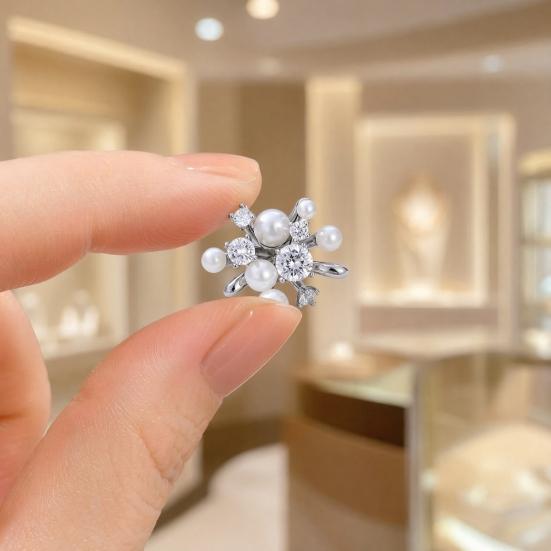 Women Brooch, Snowflakes LOVE Bouquets Compact Versatile Pin, Lapel Collar Badge with Imitation Pearl Cubic Zirconia Inlay