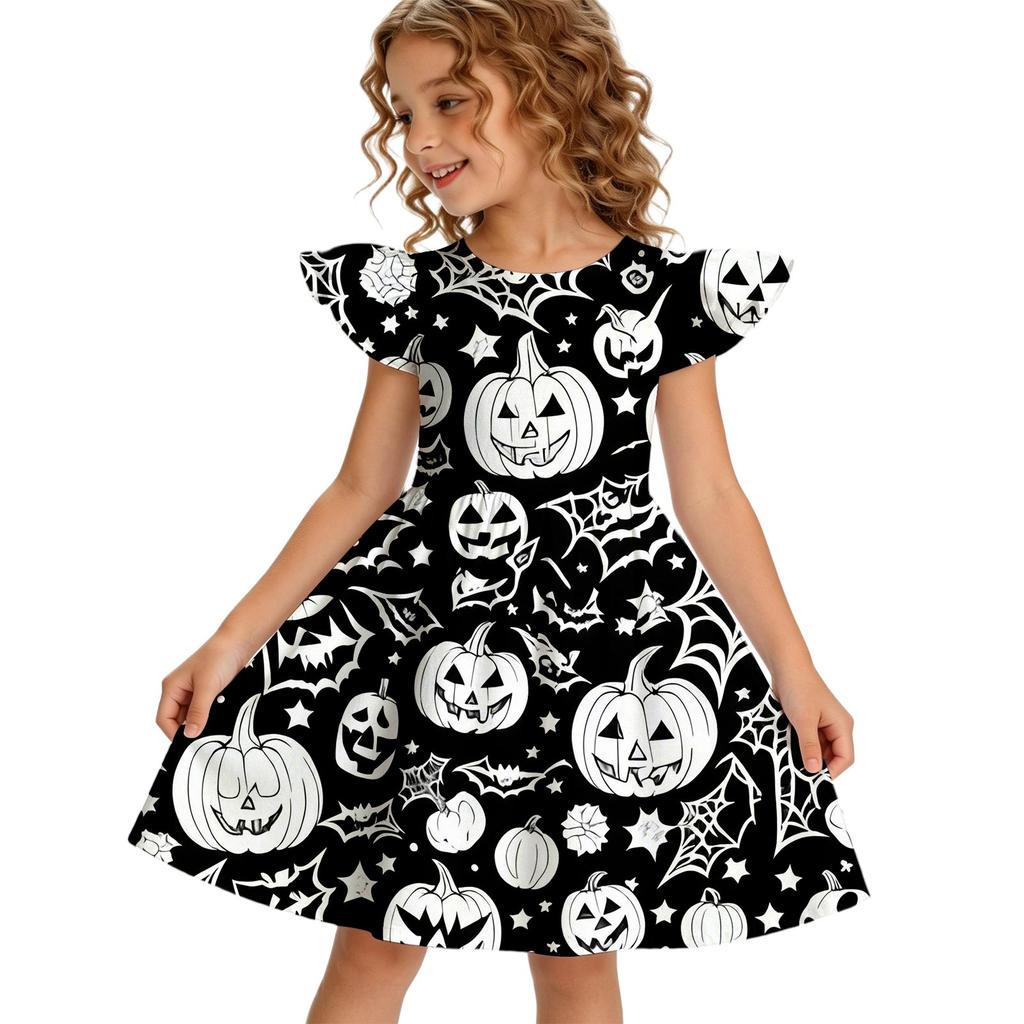 Girls Halloween Casual Dress Ruffle Sleeve Round Neck Dress Lightweight Comfortable Fit for Everyday Wear and Party