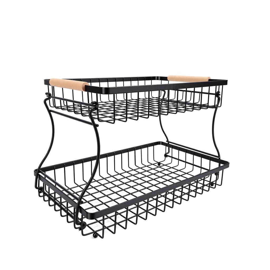 2 Tier Fruit Basket Kitchen Countertop Organizer Foldable Iron Frame Snack Storage Basket No Screw Assembly for Fruits