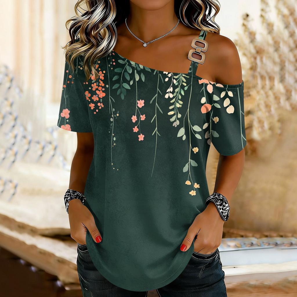 Women's Fashion Casual Print Sexy Off-the-shoulder Short Sleeve T-shirt Top