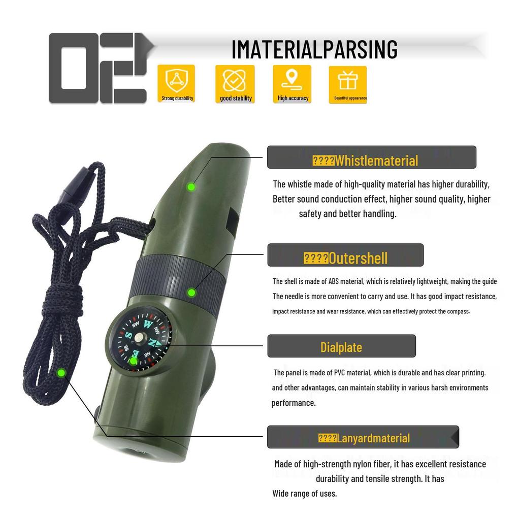 Multifunktionaler Outdoor-Kompass: 7-in-1 Studenten-Lehrhilfe mit Pfeife, LED-Licht und Thermometer.