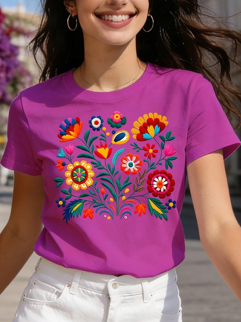 Mexican Embroidery Floral Women's Tee - Vibrant Folk Art Graphic, Casual Black Top