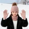 3-teiliges/Set Damen Mütze Schal Handschuhe Set Einfarbig Plüschball Deko Zopfmuster Mütze Fleecefutter Nackenwärmer Handschuhe Set