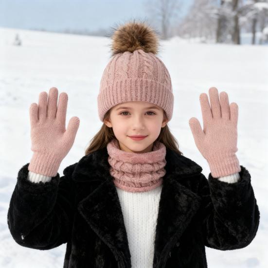 Set 3 Bucăți/Set Pălărie Fular Mănuși Femei Culoare Solidă Decor Pompom Pluș Pălărie Textură Răsucită Căptușeală Fleece Încălzitor Gât Set Mănuși