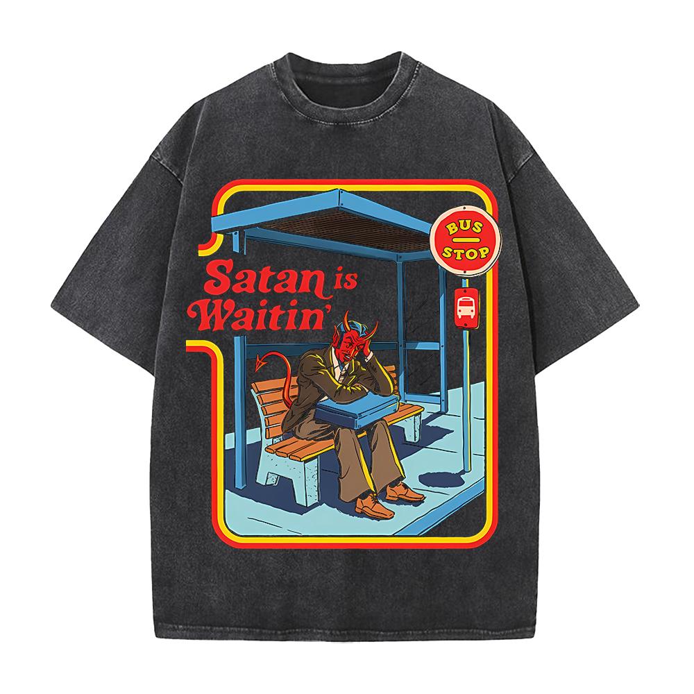 Devil Dark Comics Satan Is Waitin T-shirt Vintage Washed Oversized T Shirt Men Clothing Summer Harajuku Cotton Tees Tops Clothes