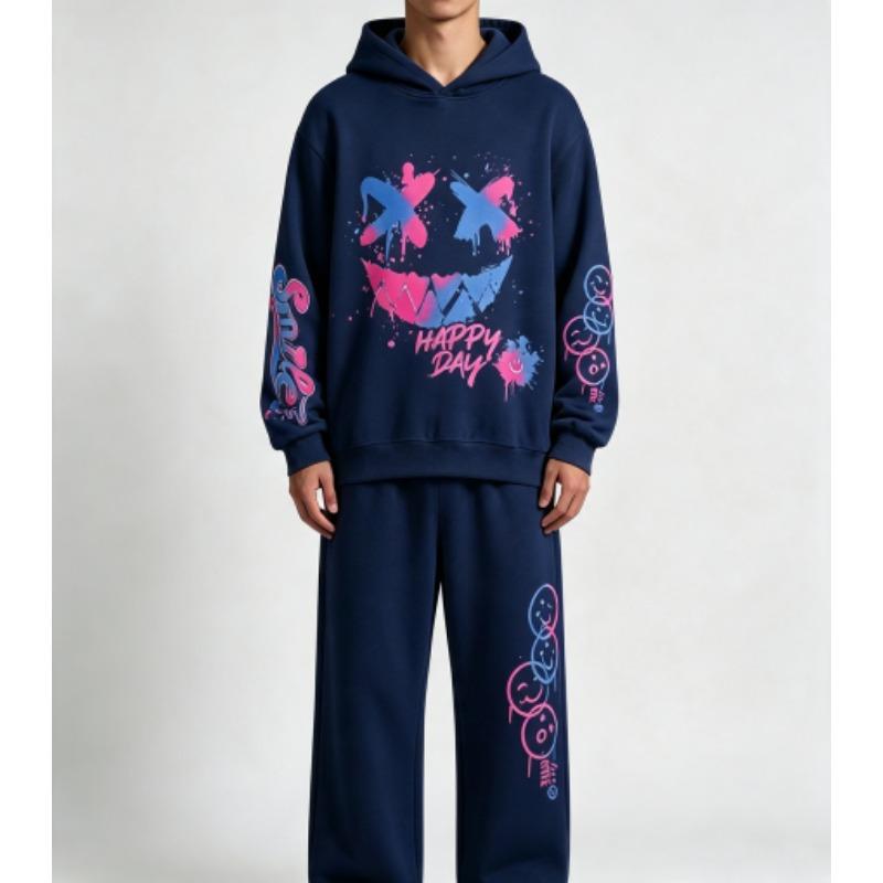 Felice Giorno Stampa Graffiti Bambini Felpe Pantaloni Set 2 Pezzi Moda Casual Street Felpe con Cappuccio Abbigliamento Vintage Ragazzo Ragazza