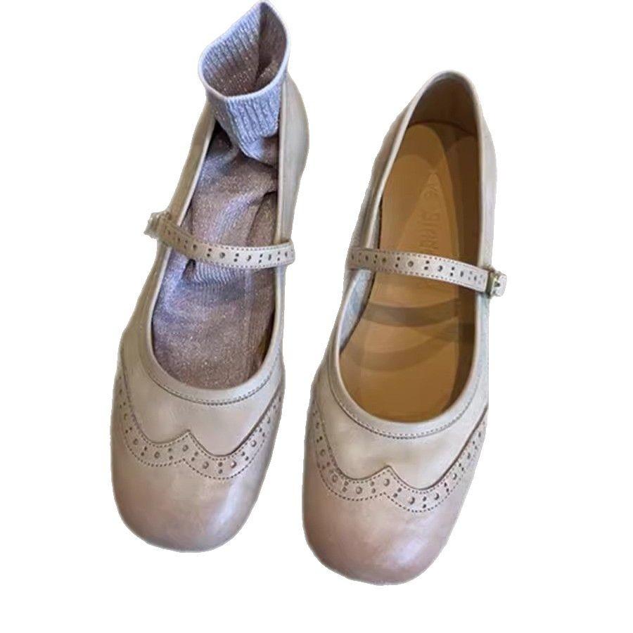 Cowhide~ Genuine Leather French Single Shoes Women's Flat 2025 New Models with Skirts, Ballet Shoes, Retro Engraved Mary Jane Shoes